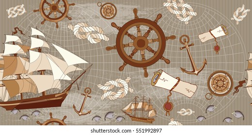 Old map seamless pattern, adventure stories concept. Vintage compass, sailboat, anchor, ancient map of the world seamless background 