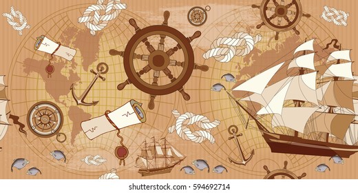 Old map seamless pattern. Vintage compass, sailboat, anchor, ancient map of the world seamless background. Adventure stories concept 