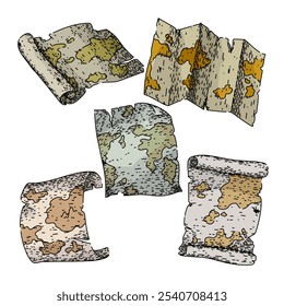 Conjunto de mapas antiguos dibujado a mano. Navegación de exploración, atlas de pergamino, brújula Reliquia Bosquejo de Vector de mapa antiguo