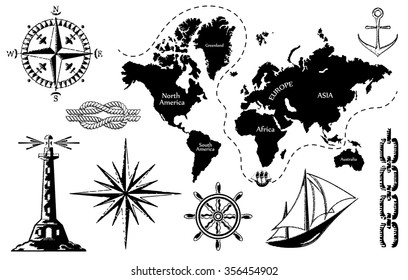 Old Map And A Set Of Sea Icons, The Contours Of The Map Are Not Accurate, Vector Illustration