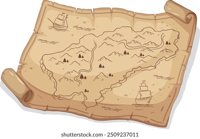 Mapa antiguo con barcos y montañas