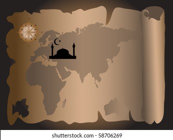 Old map with the silhouette of mosque