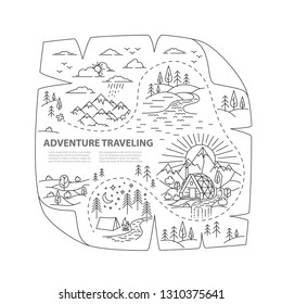 Old map of the treasure. Adventure nature travel. Ready to use template for hiking traveling.