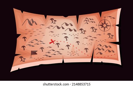 Old map of treasures. Cartoon drawing of discovery element to paper. Vector parchment geography treasure of skull