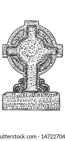 Old marble stone Christ cross hand drawing. Sketch symbol of Jesus, death, cemetery, Christianity, religion, faith and resurrection. Drawn isolated illustration on white background. Vector.