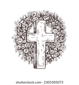 Old marble stone christ cross with a wreath. Vector hand drawn isolated illustration on white background. Sketch symbol of Jesus, death, cemetery, christianity, religion, faith, trust and resurrection