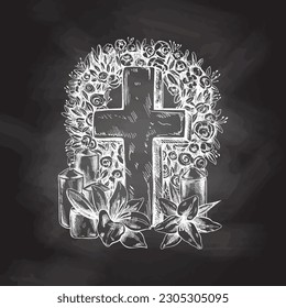 Old marble stone christ cross with a wreath,  candles and lilies. Vector hand drawn isolated illustration on chalkboard  background. Sketch symbol of Jesus, death, cemetery, christianity, religion, fa