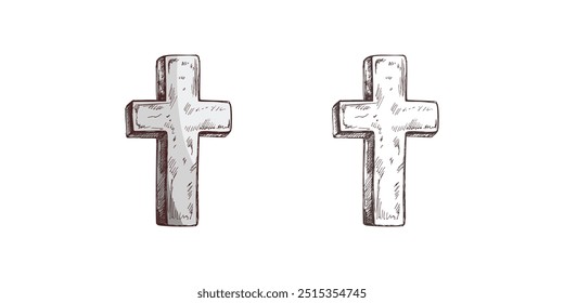 Velha cruz de cristo de mármore. Ilustração isolada desenhada à mão do vetor no fundo branco. Esboço símbolo de Jesus, morte, cemitério, cristianismo, religião, fé, confiança e ressurreição	