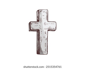 Velha cruz de cristo de mármore. Ilustração isolada desenhada à mão do vetor no fundo branco. Esboço símbolo de Jesus, morte, cemitério, cristianismo, religião, fé, confiança e ressurreição	