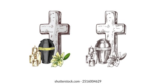 Cristal de mármore velho cruz de pedra com velas, lírios e uma urna com cinzas. Ilustração isolada desenhada à mão do vetor no fundo branco. Esboço símbolo de Jesus, morte, cemitério, cristianismo, religião, 