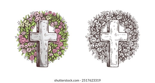 Antigua cruz de Cristo de piedra de mármol con una corona de flores. Vector dibujado a mano ilustración aislada sobre fondo blanco. Boceto símbolo de Jesús, muerte, cementerio, cristianismo, religión, fe, confianza y resurrección