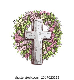 Old marble stone christ cross with a wreath. Vector hand drawn isolated illustration on white background. Sketch symbol of Jesus, death, cemetery, christianity, religion, faith, trust and resurrection