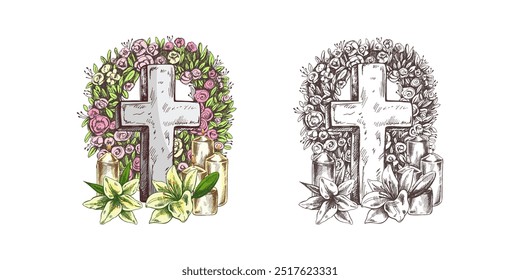 Cristal de mármore velho cruz de pedra com uma coroa de flores, velas e lírios. Ilustração isolada desenhada à mão do vetor no fundo branco. Esboço símbolo de Jesus, morte, cemitério, cristianismo, religião, fé