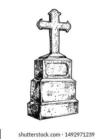 Old marble stone tombstone with christian cross. Sketch symbol of Jesus, death, cemetery, Christianity, religion, faith and resurrection.  For funeral service, card or last farewell card. 