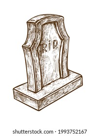 Vieja lápida de mármol con título RIP sobre fondo blanco