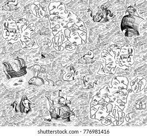 Old Marine Map With Ships, Monsters And Mermaids. Seamless Pattern