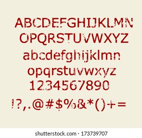Old maroon red retro rubber stamp style alphabet with numbers and signs vector