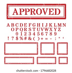 Old maroon red retro rubber stamp style alphabet. Rubber stamp with numbers and signs vector