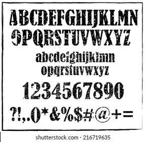 Old maroon retro rubber stamp style alphabet with numbers and signs vector