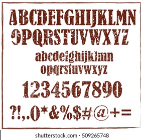 Old Maroon Retro Rubber Stamp Style Alphabet With Numbers And Signs Vector