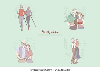 Old married pair, husband and wife on sportive stroll, farming, hugging, dancing together, nursing home banner