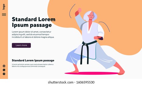 Old Martial Arts Teacher Doing Demonstration. Fight, Sensei, Class Flat Vector Illustration. Sport And Teaching Concept For Banner, Website Design Or Landing Web Page.