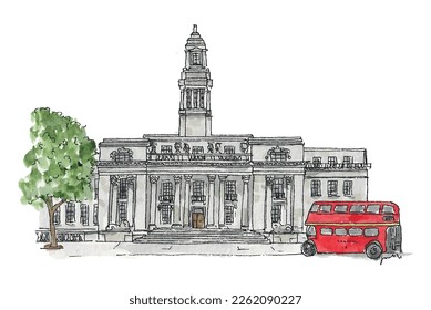 Old Marylebone Town Hall sketch illustration. London street, red bus, wedding venue. Isolated vector.