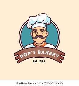 alter Chefkoch mit Schnurrbart-Maskottchen. Kochhut minimaler Logo-Design, VektorHipster, Bäckerei,