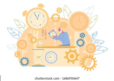 Old Master Working on Watch Repair at Workshop. Man Holding Clock in Hands. Broken Clockwork. Watchmaker Craft Human Profession. Hourglass, Table, Gears, Alarm-Click Design. Vector Illustration