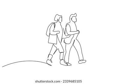 old mature couple with backpacks hiking together outdoors in nature line art