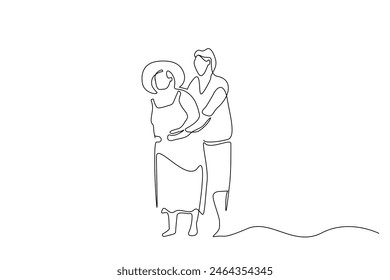 old mature lovers couple vacation summertime hug happy life retirement one line art design vector