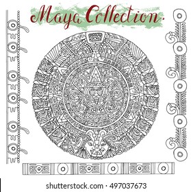 Old maya calendar with black ethnic patterns and graphic ornaments on white. Vector illustration and doodle drawing for design. Magic astrological symbol and mystic sign