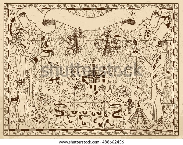 古い紙の背景に古いマヤ アステカ 海賊の地図と2つの神 船 空想の国 手描きのベクターイラスト ビンテージ冒険 宝探し 古い交通のコンセプト のベクター画像素材 ロイヤリティフリー