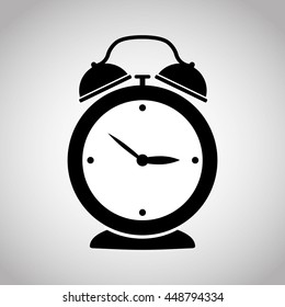 old mechanical alarm clock image in black on a gray background. flat design