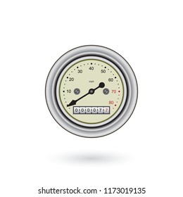 An old mechanical speedometer on a white background