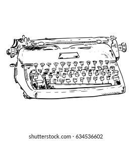Old mechanical typewriter in vintage style. Hand drawn sketch isolated on white background. Writer tools. Nice for posters, retro prints, design, covers, notebooks, advertising, banners, cards, shops.