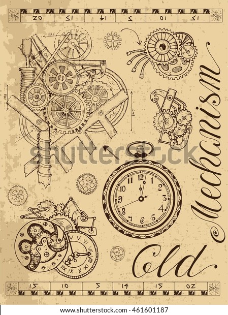 テクスチャーのある背景にスチームパンクスタイルの古い時計のメカニズム 手描きのグラフィックイラスト スケッチタトゥー レトロな文字 コグ 歯車付きテクノロジコレクション のベクター画像素材 ロイヤリティフリー