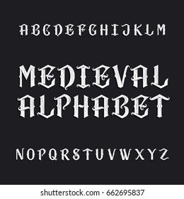 Old medieval alphabet vector font. Distressed type letters on a dark background. Vintage vector typeface for labels, headlines, posters etc.