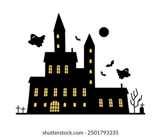 Alte mittelalterliche Burg mit Friedhof und Grabsteinen im Hof. Vektor isoliert Halloween spukte Haus mit Fledermäusen und Geistern. Vollmond und gruselig gruselige Atmosphäre von Angst und unheimliche Feiertagsstimmung