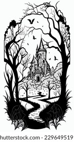 Old medieval castle, and in the foreground old withered trees. Beautiful palace. Halloween landscape with a castle. Black and white vector illustration.