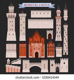 Old medieval castle icon. Fortress building parts, pinion walls and stairs, stone towers with flag and iron gates. Fortified bastion and middle ages landmark monument. History and royalty theme