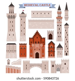 Old medieval castle icon. Fortress building parts, pinion walls and stairs, stone towers with flag and iron gates. Fortified bastion and middle ages landmark monument. History and royalty theme