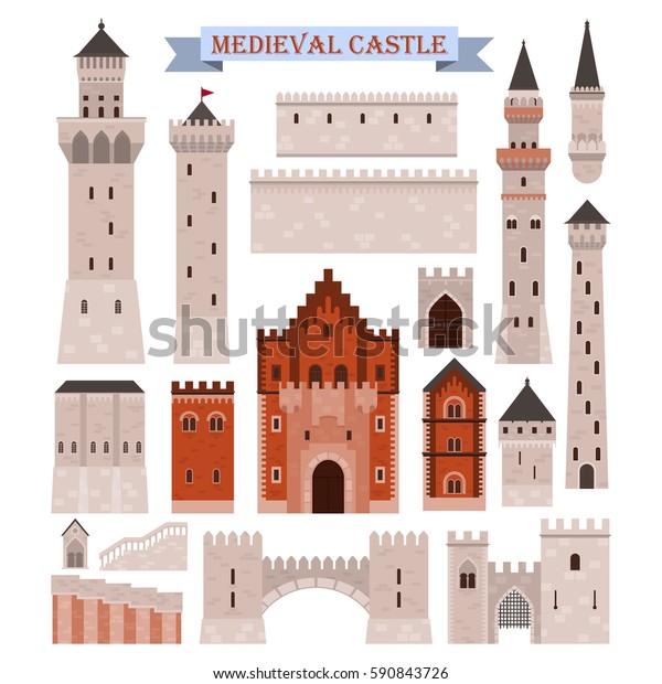 中世の古い城のアイコン 要塞の建物部品 ピニオンの壁と階段 旗と鉄門のある石塔 要塞化された基地と中世の歴史的記念碑 履歴とロイヤリティテーマ のベクター画像素材 ロイヤリティフリー