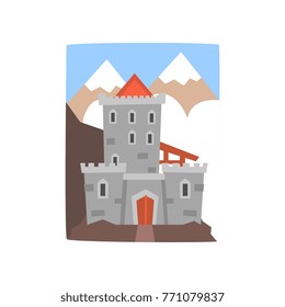 Old medieval castle with mountains landscape. Fortress with wooden gate, arched windows and defensive turrets. Flat vector design for story book, mobile game or postcard
