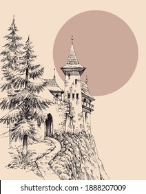 Old medieval castle in the pine forest hand drawing