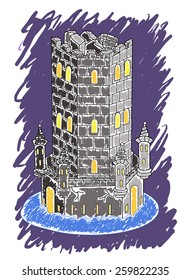 Old medieval castle tower with water foss, hand drawn illustration in watercolor childlike style