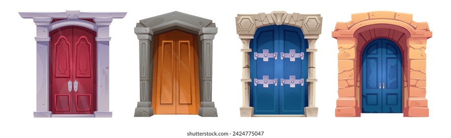 Old medieval castle wooden door with stone brick doorway. Cartoon vector illustration set of ancient vintage gothic entrance to mansion or church with handle. Antique gate with wood texture.