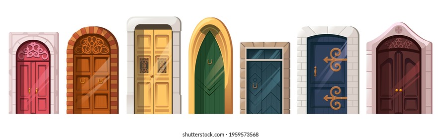 Old medieval doors in stone arch for building facade. Vector cartoon set of entrance in vintage house, castle, gothic church or temple. Colored wooden doors isolated on white background