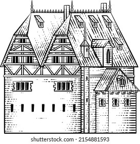 An old medieval house or inn cottage building drawing or map design element in a vintage engraved woodcut style