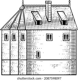 An old medieval house, inn or other building drawing or map design element in a vintage engraved woodcut style